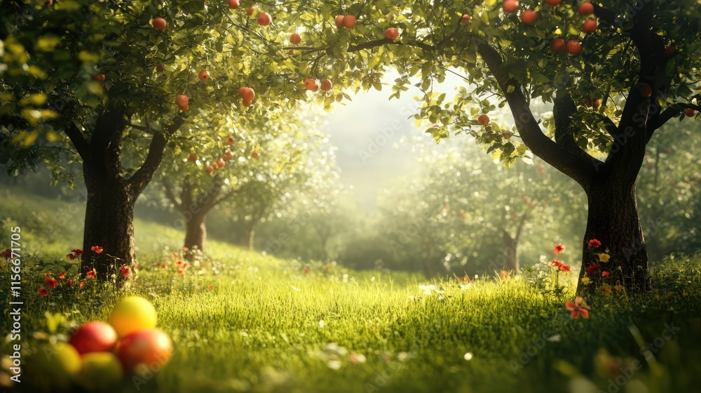 Aufkleber idyllic orchard scene with apple trees and ripe fruits under a serene morning light creating a peace