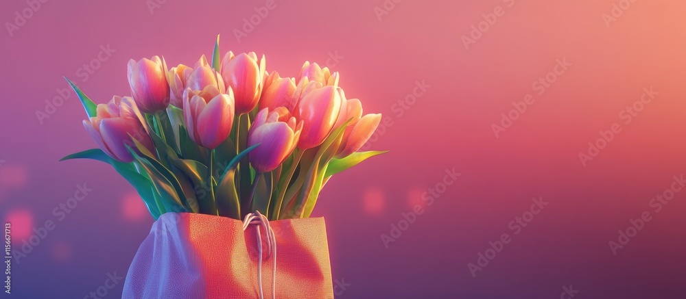 Aufkleber tulips in a decorative bag with a vibrant gradient background creating a stunning floral display for