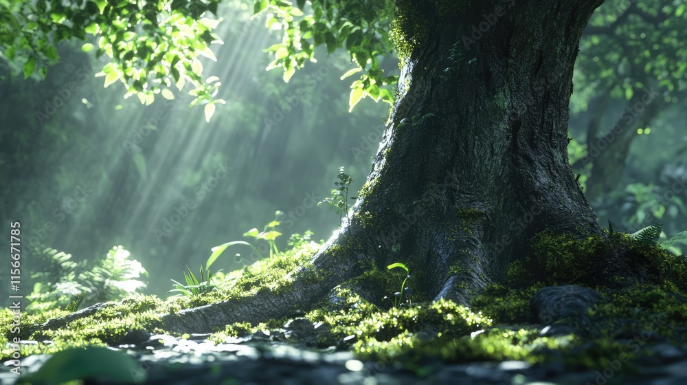 Poster sunlit tree trunk covered in lush moss surrounded by vibrant forest greenery and gentle sunlight fil