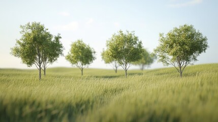 Fototapeta premium Lush green grassland with clusters of trees under a clear blue sky creating a serene nature landscape for eco-friendly themes