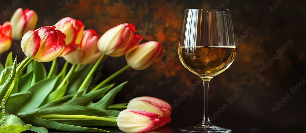 Aufkleber elegant arrangement of tulips and a glass of white wine on a dark background showcasing a serene and