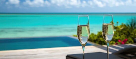 Champagne glasses with ocean view creating a romantic and luxurious atmosphere for celebration and relaxation by the water