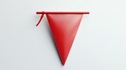 Red triangle pennant flag with a ribbon and rod on a white background for promotional and decorative use