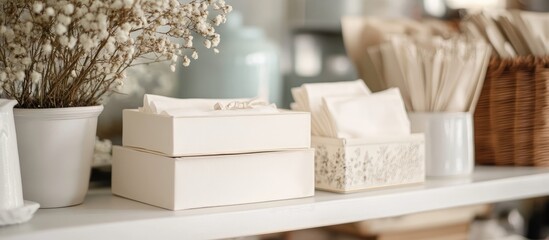 Vintage display of two elegant white napkin boxes alongside decorative elements on a wooden shelf in a stylish interior setting.