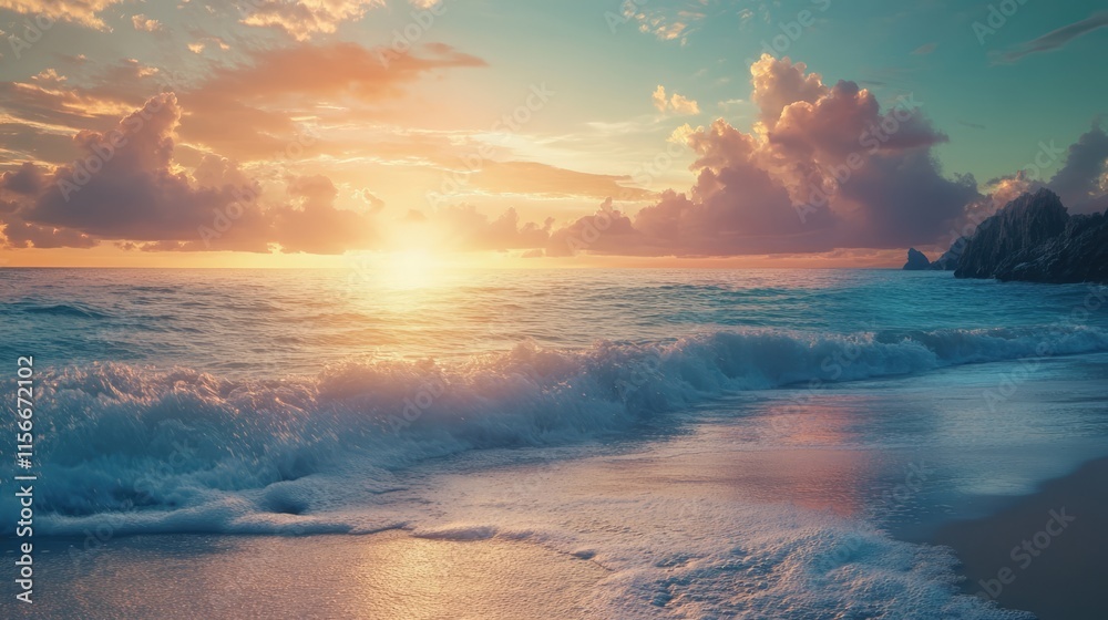Aufkleber tropical beach at sunset with vibrant clouds and gentle waves creating a serene nature scene for rel