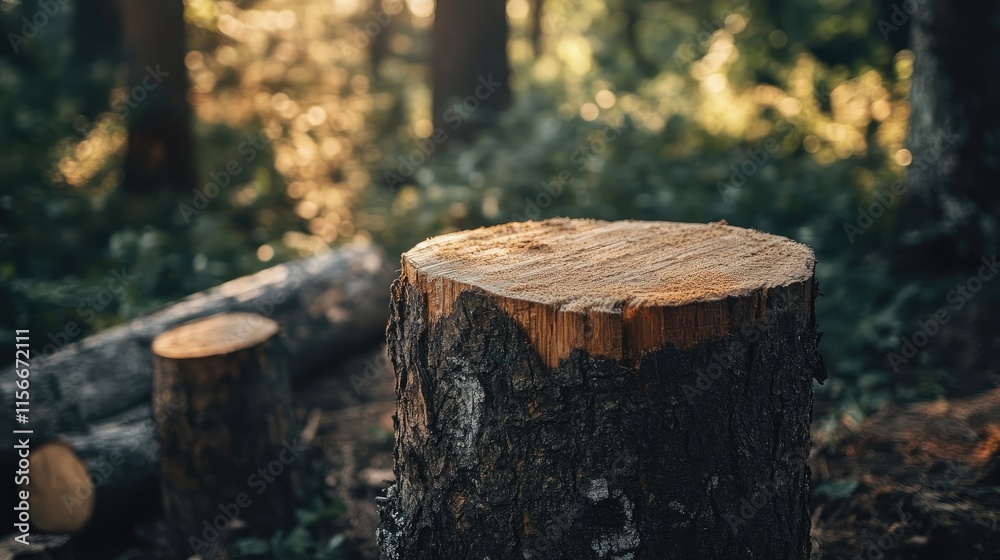 Aufkleber Cut trees in a forest depicting logging practices and environmental concerns with a focus on deforestation and illegal logging issues