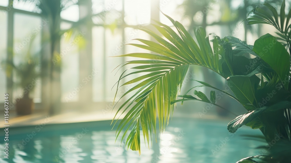 Poster indoor tropical oasis with palm leaves creating a serene atmosphere near a pool in an eco-friendly w