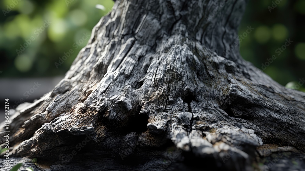 Poster Detailed close-up of an ancient tree trunk showcasing intricate textures and patterns in a nature setting with blurred green background.