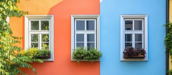 Fototapeta premium Modern facade featuring traditional house windows with vibrant orange and blue walls adorned with flower pots and greenery.