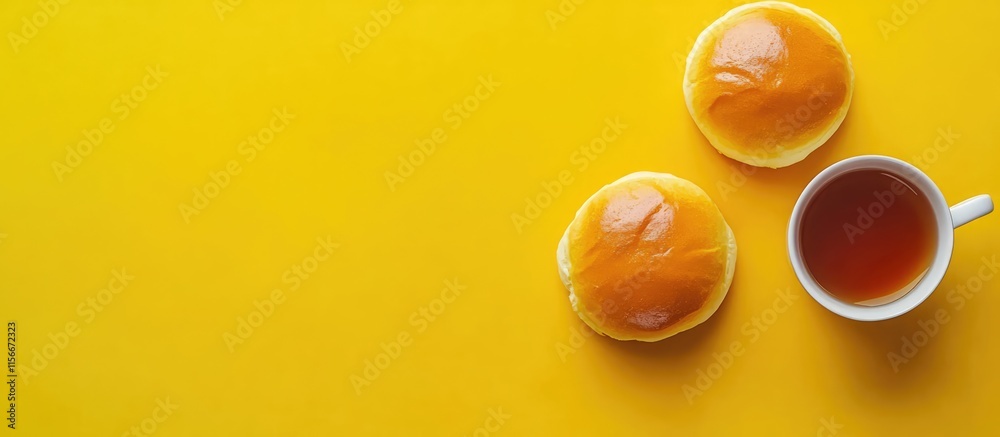 Leinwandbilder two classic buns and a cup of tea on a vibrant yellow background aerial view with plenty of empty sp