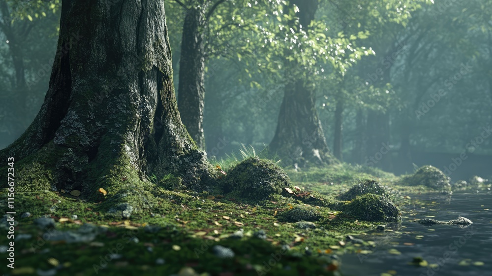 Poster majestic forest scene showcasing tree trunks adorned with lush green moss and dappled sunlight filte