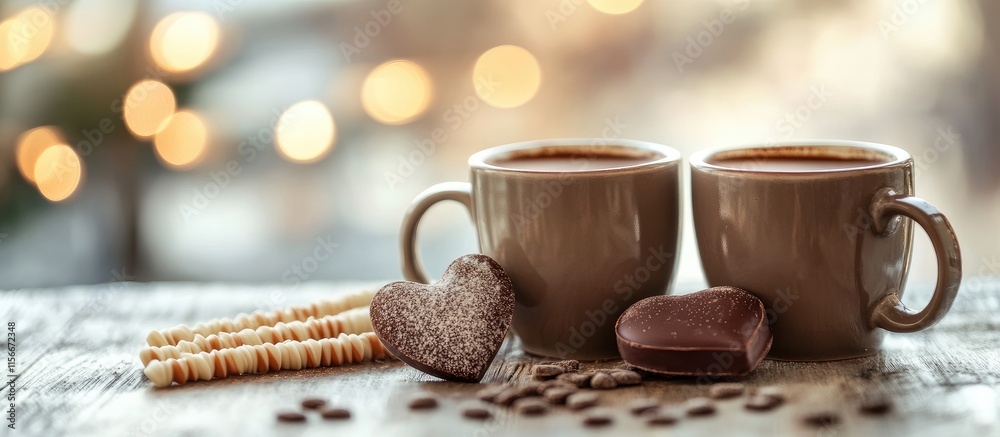 Aufkleber Cups of chocolate with heart shaped cookies and sweet sticks on a rustic table creating a romantic and cozy atmosphere