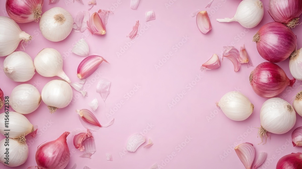Poster fresh flat lay of white and red onions arranged on a pink background with scattered onion petals sho