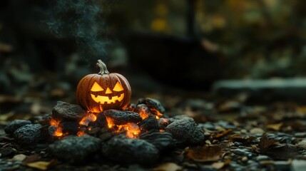 Enchanting Halloween campfire featuring a small pumpkin Jack o lantern, perfect for creating a festive atmosphere. This Halloween campfire with Jack o lantern adds charm to spooky gatherings.