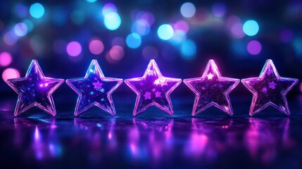 Five illuminated stars on reflective surface with bokeh background.