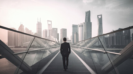 Modern Cityscape with Futuristic Skyscrapers, Ambient Sunrise or Sunset Light, Transparent Pathway or Bridge Leading to City, Solitary Businessman Walking Away, Contemplative and Serene Urban Scene