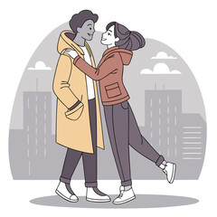 love, girl and boy in the city, boy and girl met in the park, girl hugging, love, valentine's day, valentine's day, illustration of lovers, boy and girl love each other