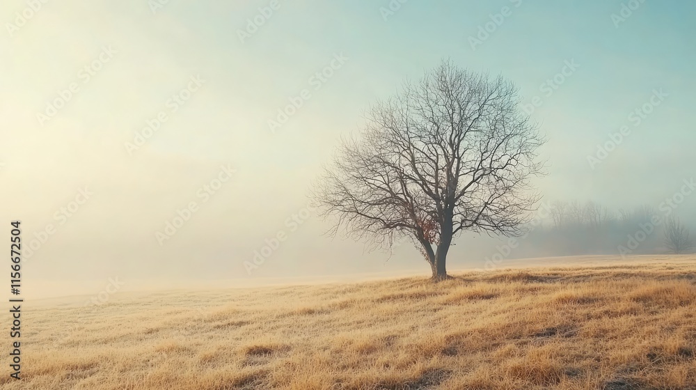 Poster Panoramic foggy landscape featuring a solitary tree in a meadow with dry grass creating a serene early spring atmosphere for design use