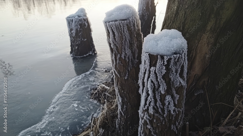 Aufkleber Frozen tree trunks by the water's edge adorned with hoarfrost during winter creating a serene and picturesque winter landscape.