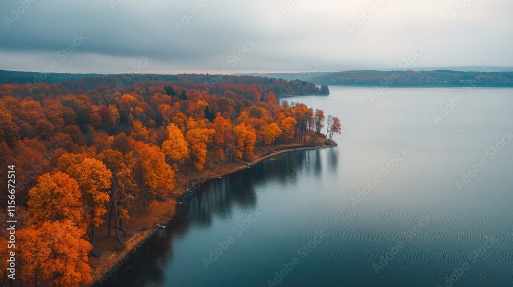 Poster autumn colors reflected on a serene lake surrounded by vibrant trees in fall