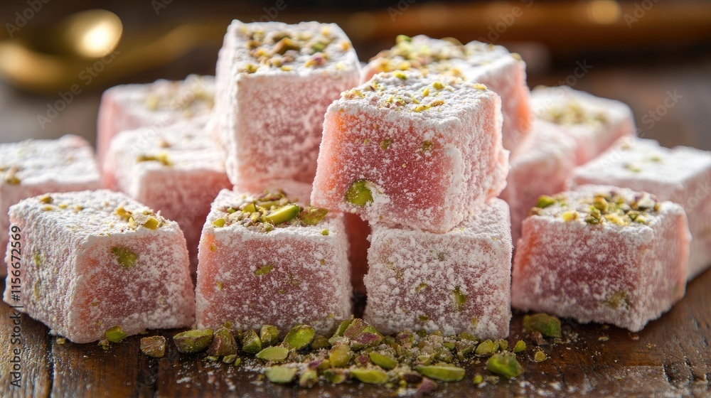 Poster turkish delight squares topped with pistachios on wooden table rustic background