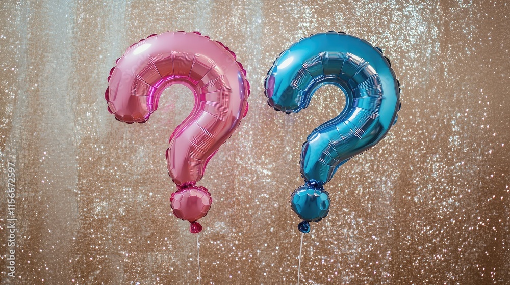 Fototapete a pair of foil balloons in the shape of a question mark, one pink and one blue, set against a sparkl