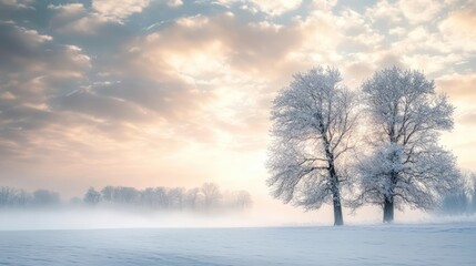 Winter landscape featuring snow-covered trees against a dramatic cloudy sky with soft sunlight illuminating the serene scene.