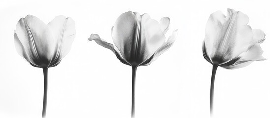 Elegant black and white tulip flower trio against a clean white background showcasing delicate petals and graceful forms.