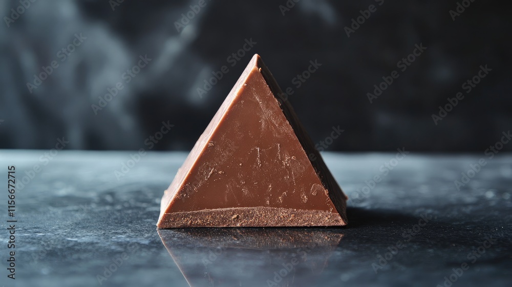 Poster triangle shaped chocolate confection with hazelnut filling on a dark marble surface showcasing gourm