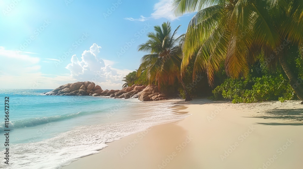 Aufkleber serene tropical beach scene featuring lush palm trees and soft white sand under a vibrant blue sky w