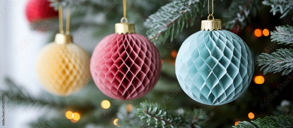 Aufkleber trendy diy paper honeycomb christmas tree baubles in vibrant colors hanging on a festive tree agains