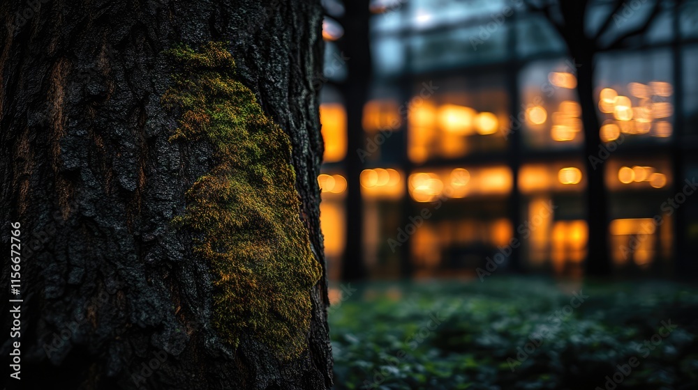 Aufkleber Mossy tree trunk in focus with illuminated blurred windows creating a serene urban nature contrast at dusk
