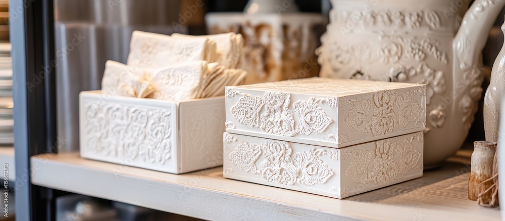 Poster elegant vintage napkin holders displayed on a rustic shelf showcasing intricate designs and charming