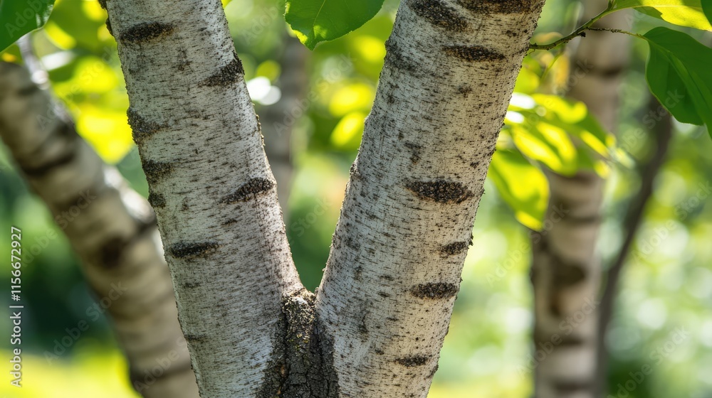 Poster Tree trunks with textured bark glowing in sunlight surrounded by vibrant green foliage creating a serene natural scene
