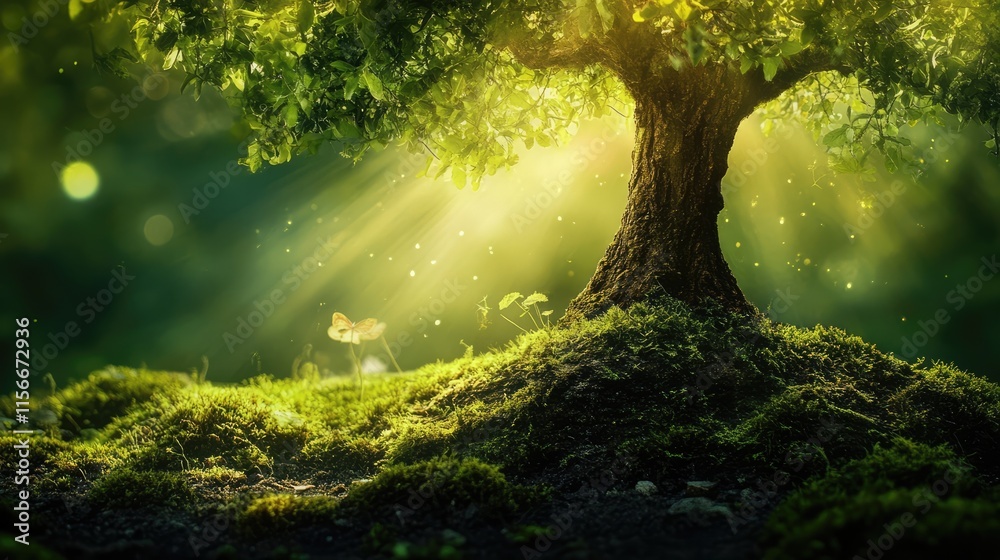 Poster Majestic tree trunk with radiant light beams creating a serene forest atmosphere and vibrant green foliage in soft focus background