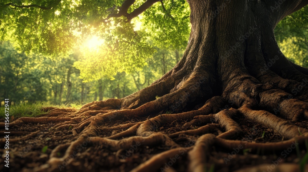 Poster Majestic tree trunk and roots bathed in sunlight creating a serene natural background for nature-inspired designs and projects