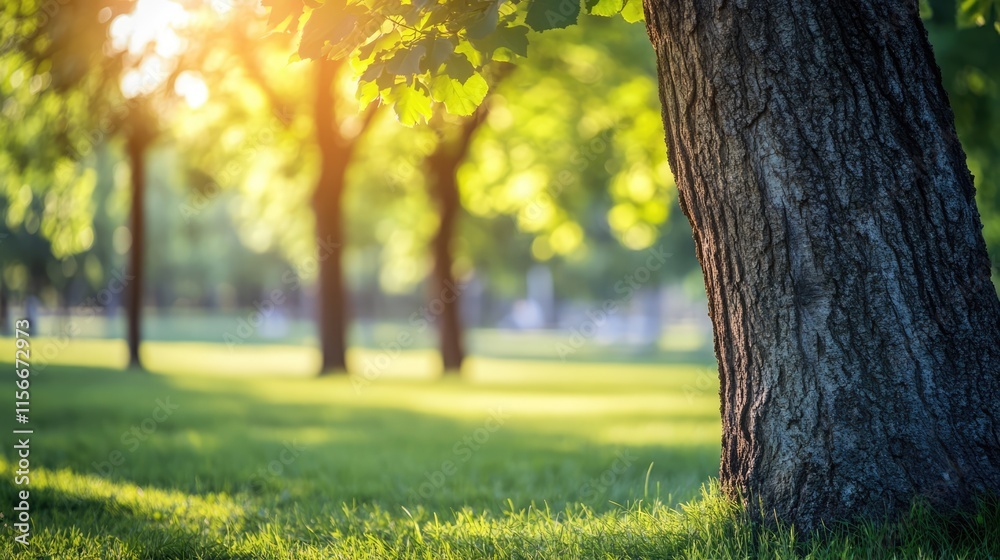 Aufkleber closeup of textured tree trunk in sunlit park with green foliage and soft grass in tranquil nature setting