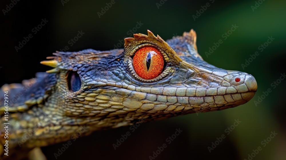 Poster red eyed crocodile skink tribolonotus gracilis close-up on dark background showcasing unique feature
