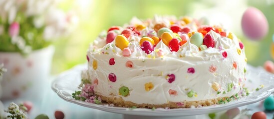 Easter celebration traditional cassata cake adorned with colorful candies and cream on festive table setting