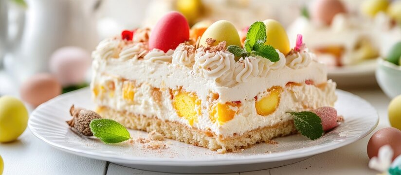 Easter celebration traditional cassata cake with colorful decorations and festive elements on a bright table setting
