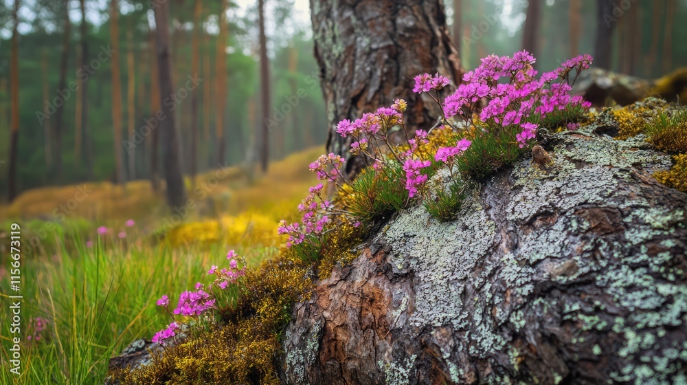 Poster lichen and moss covered tree trunk adorned with vibrant flowers in a serene forest setting showcasin