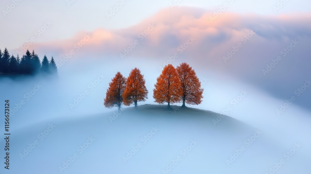 Poster autumn trees standing gracefully in a serene foggy landscape with soft pastel colors for a tranquil 
