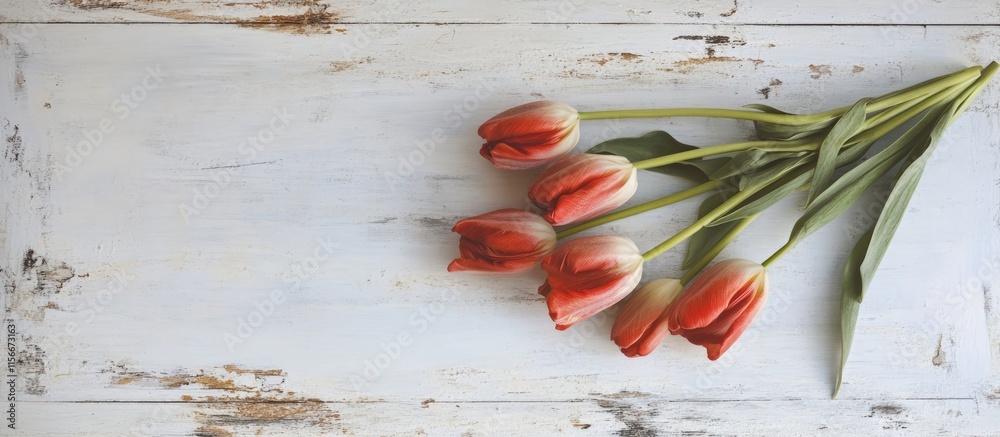 Poster vibrant tulips arranged on a rustic white wooden surface with blank space for your creative text or 