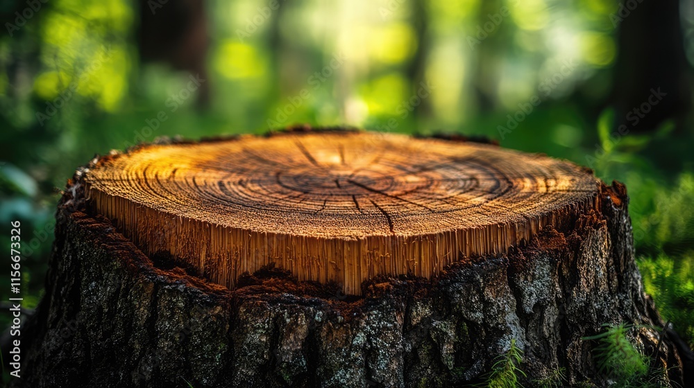 Poster Close up of tree trunk showing detailed wood texture and growth rings in a serene forest setting with soft natural lighting