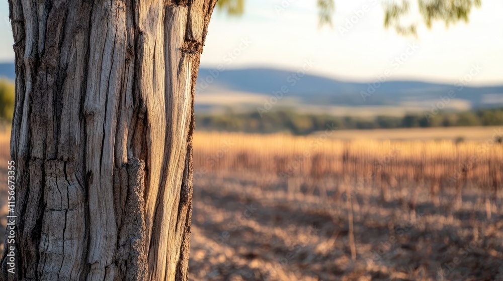 Aufkleber tree trunk in focus with blurred field landscape and mountains in the background showcasing nature's