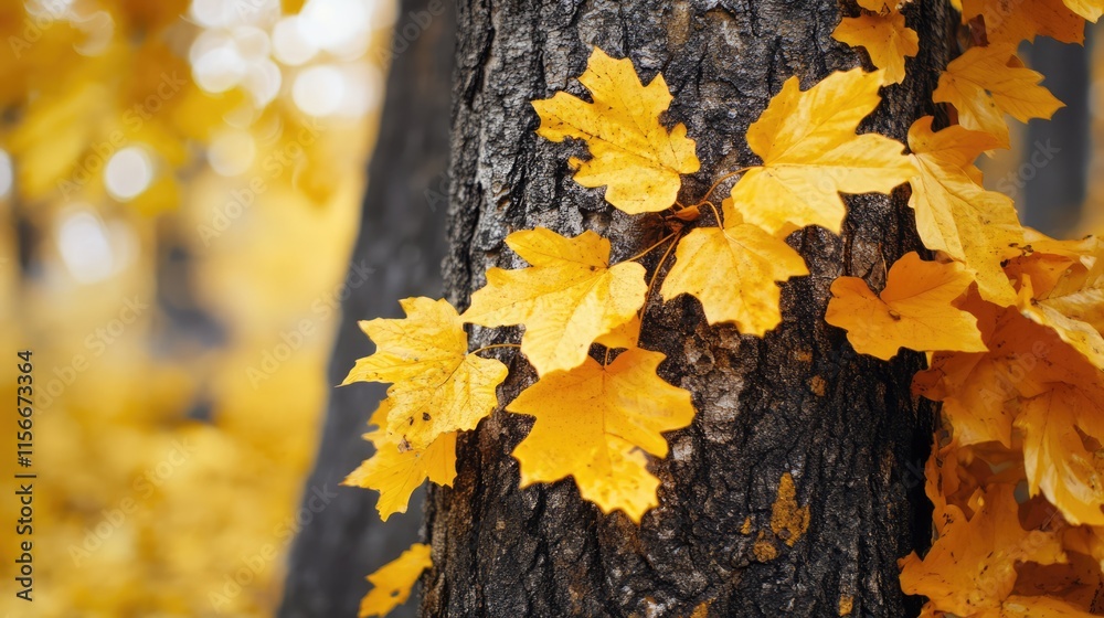 Poster Autumn tree trunk with vibrant yellow leaves creating a warm natural texture background in a serene forest setting