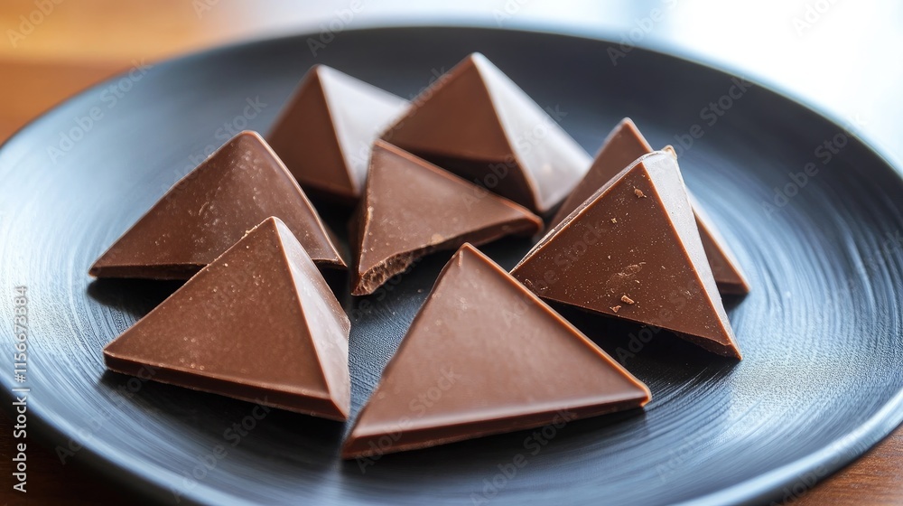Poster delicious triangular chocolate pieces with hazelnut arranged on a black plate for appealing dessert 