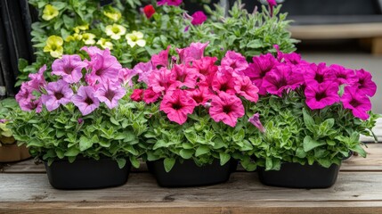 Fototapeta premium Colorful trio of petunias in shades of pink with lush greenery displayed in black pots on a wooden surface in a vibrant garden setting