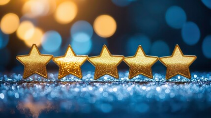 Five gold stars on a sparkling blue background, representing top quality, excellence, and five-star rating.