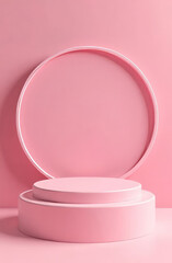 Round podium, minimalist design. Cosmetic product mockup placement pedestal, pink promotion stand display.